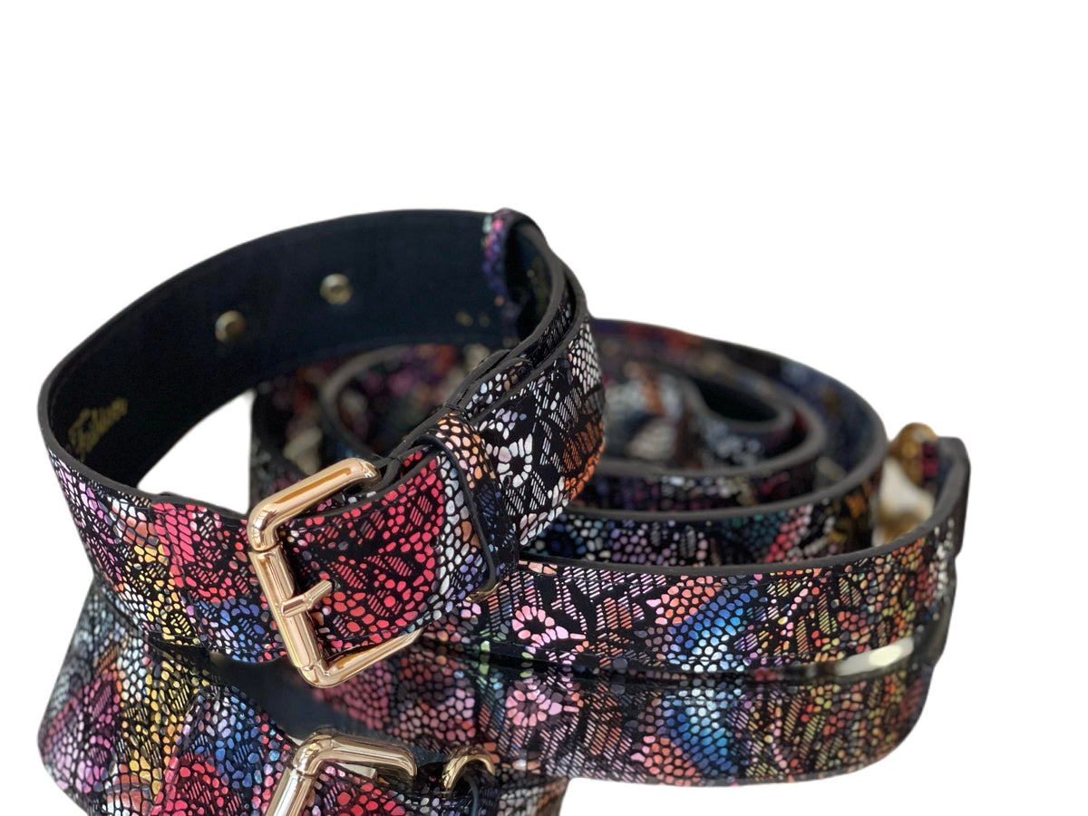 Allysa Payne Luxury Pet Fashion Black Floral Lace Italian Leather With Gold Classic Hardware Dog Collar & Leash Set