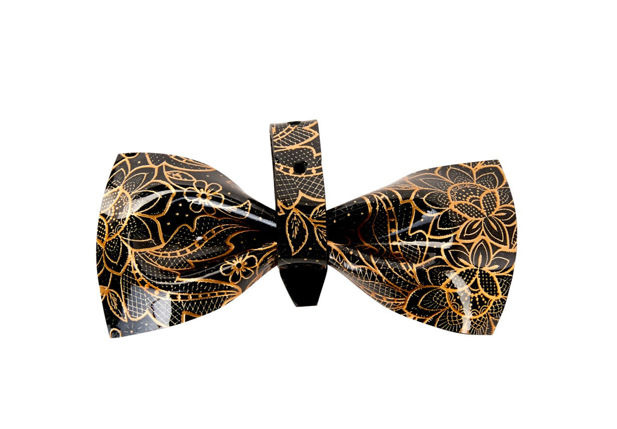 Allysa Payne Black & Gold Floral Print Patent Italian Leather Bowtie
