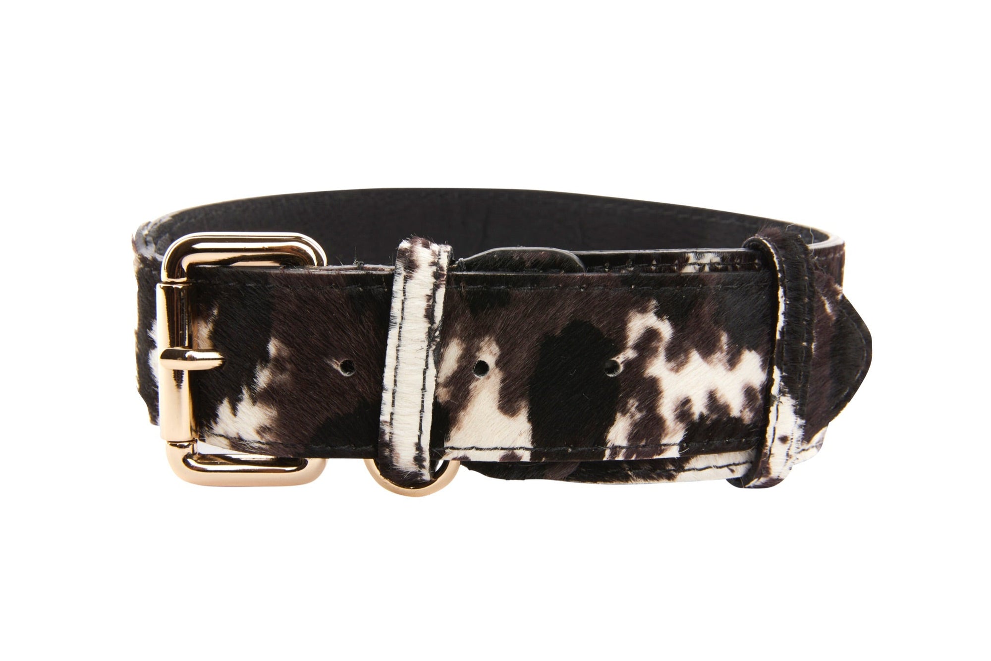 Allysa Payne Brown, Black & White Hair On Hide Dog Collar With Classic Gold Hardware