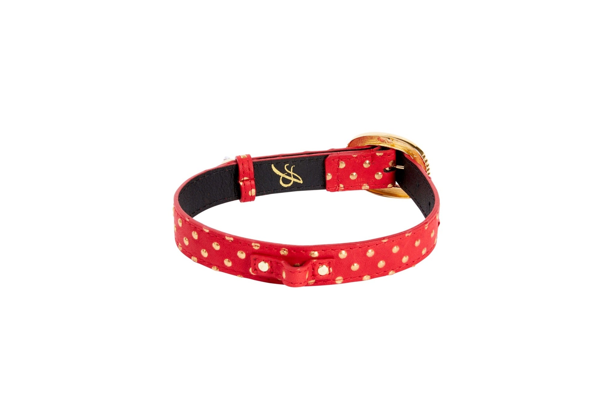 Allysa Payne Red & Gold Polka Dot Italian Leather Dog Collar With Italian/Swarovski Hardware & Heart Charm