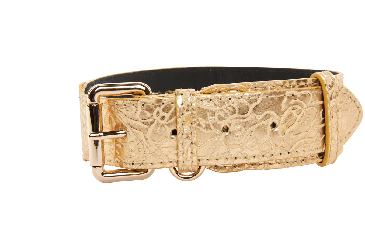 Allysa Payne Gold Floral Print Italian Leather With Gold Classic Dog Collar Hardware