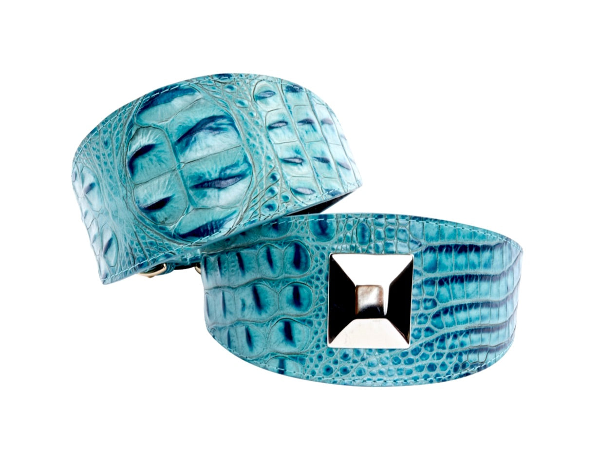 Allysa Payne Turquoise Embossed Croc Italian Leather 3-Inch Wide Style Dog Collar Set Of 2