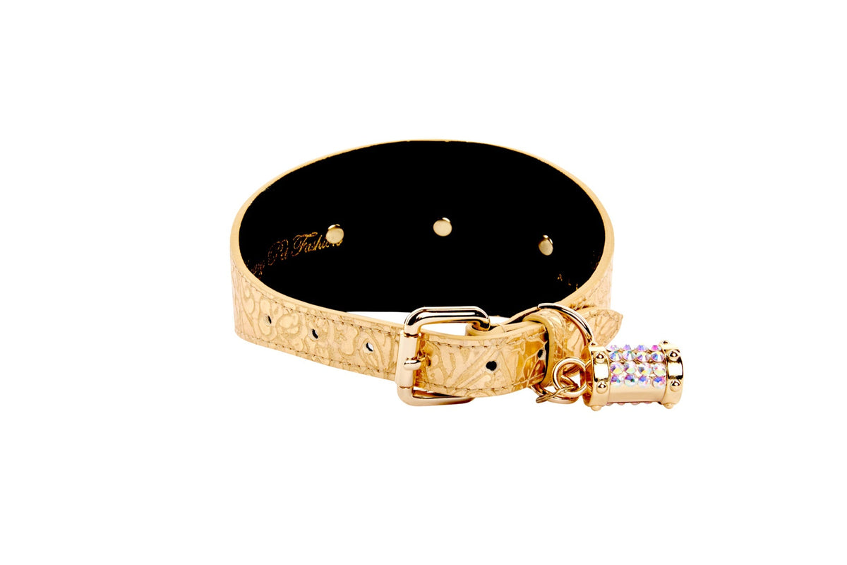 Allysa Payne Gold Floral Print Italian Leather With Gold Sunflower Rivets Dog Collar