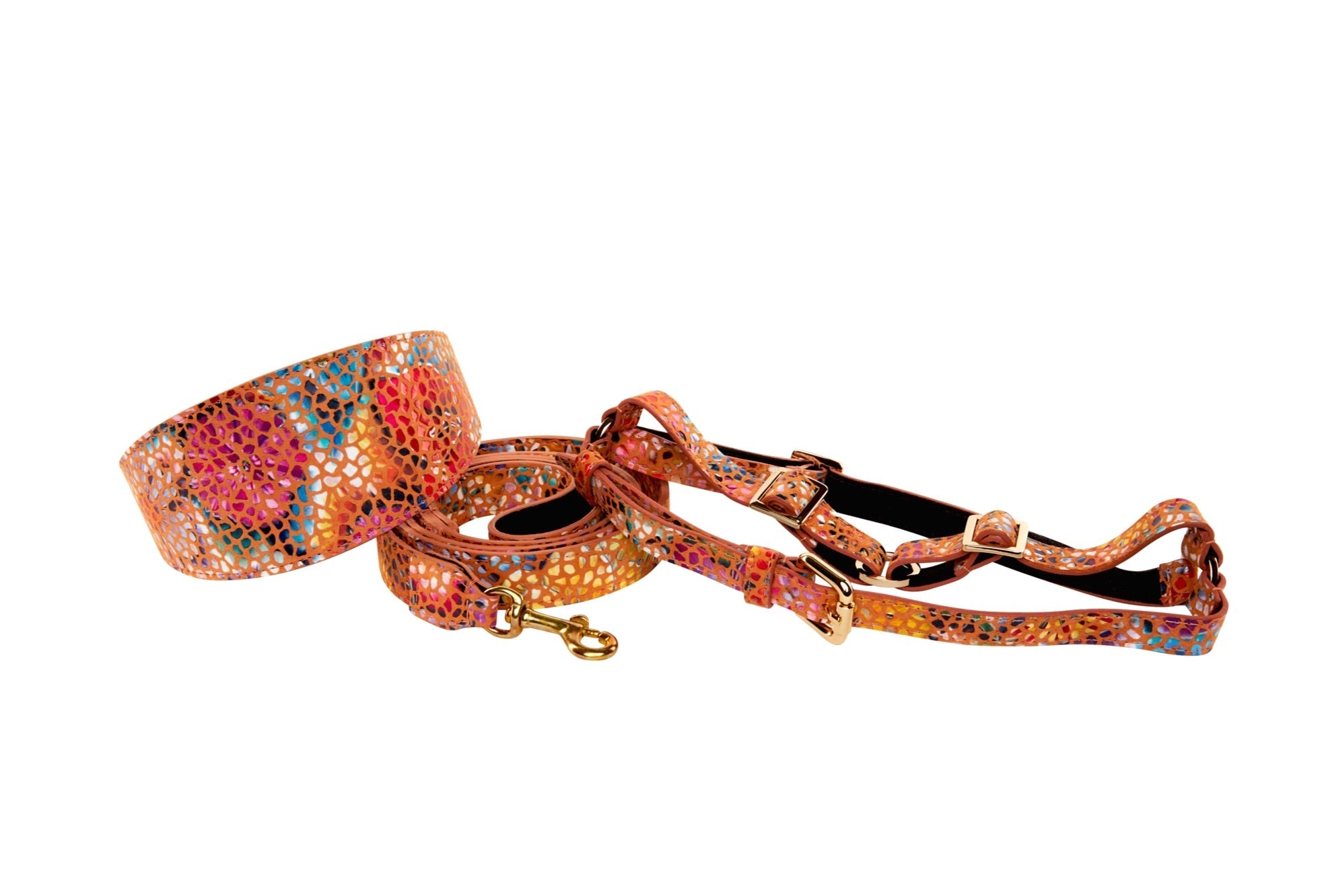 Orange Floral Mosaic Italian Leather 3” Wide Style Collar, Harness & Leash Set