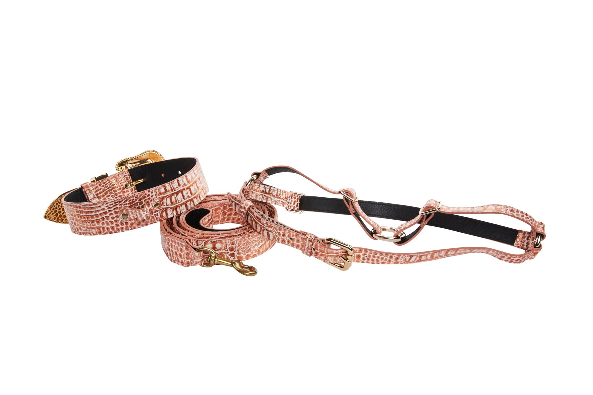 Allysa Payne Copper Embossed Croc Italian Leather Swarovski Crystal Dog Collar, Leash & Harness Set
