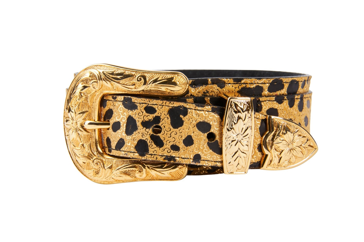 Allysa Payne Leopard Print Italian Leather Dog Collar With Gold Western Style Floral Hardware