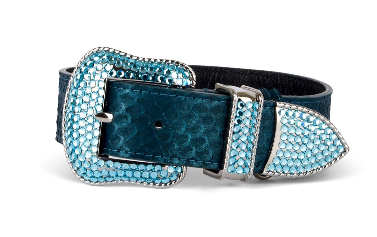 Allysa Payne Iridescent Matte Blue/Green Snake Blue Swarovski Crystal Hardware Dog Collar
