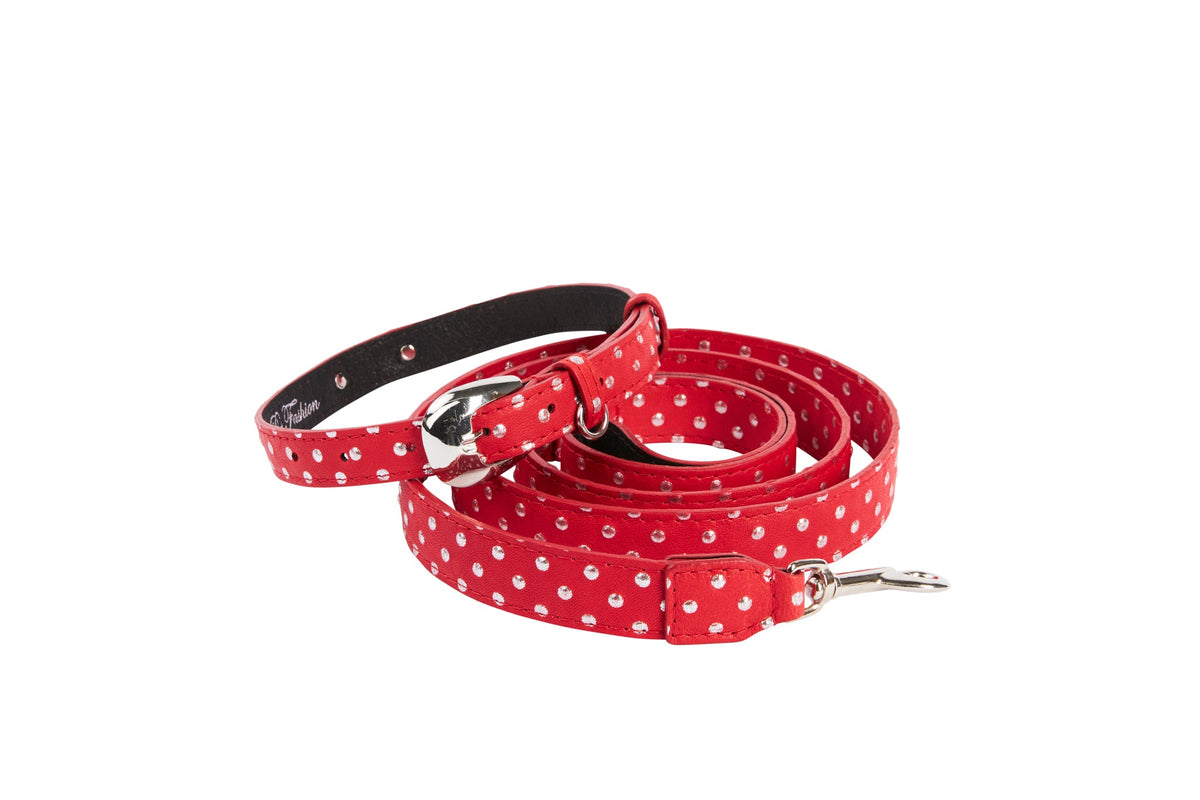 Allysa Payne Red & Silver Polka Dot Italian Leather With Silver Oval Hardware Dog Collar & Leash Set