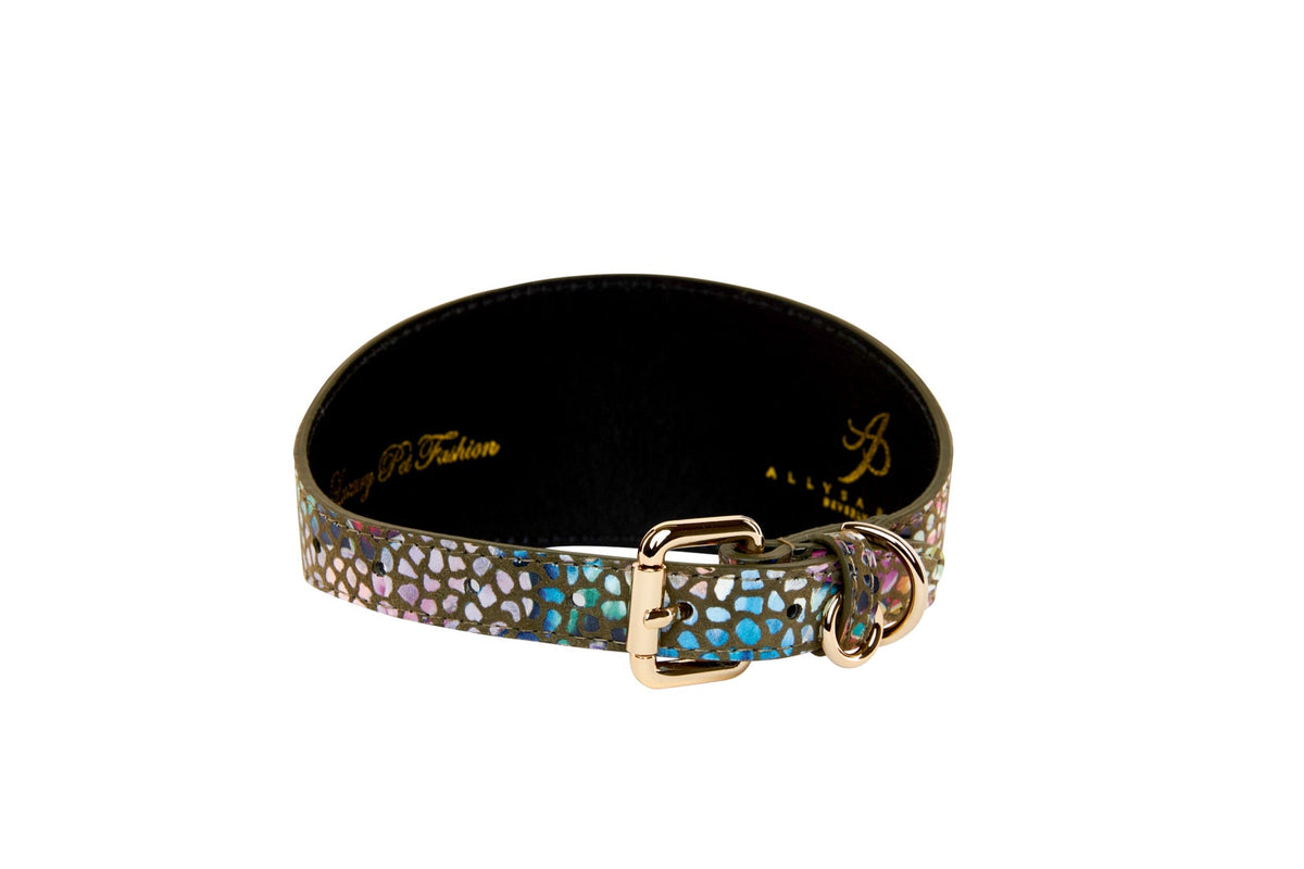 Allysa Payne Olive Floral Mosaic Italian Leather 3-Inch Wide Style Dog Collar