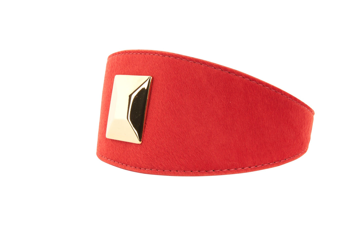 Allysa Payne Orange Hair On Hide Italian Leather With Our Large Gold Custom Rivet Dog Collar
