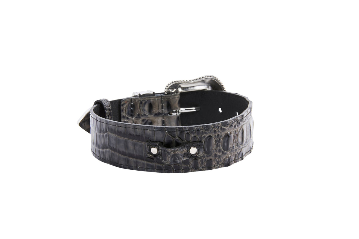Allysa Payne Dark Grey/Light Grey Embossed Croc Italian Leather Silver Swarovski Crystal Dog Collar