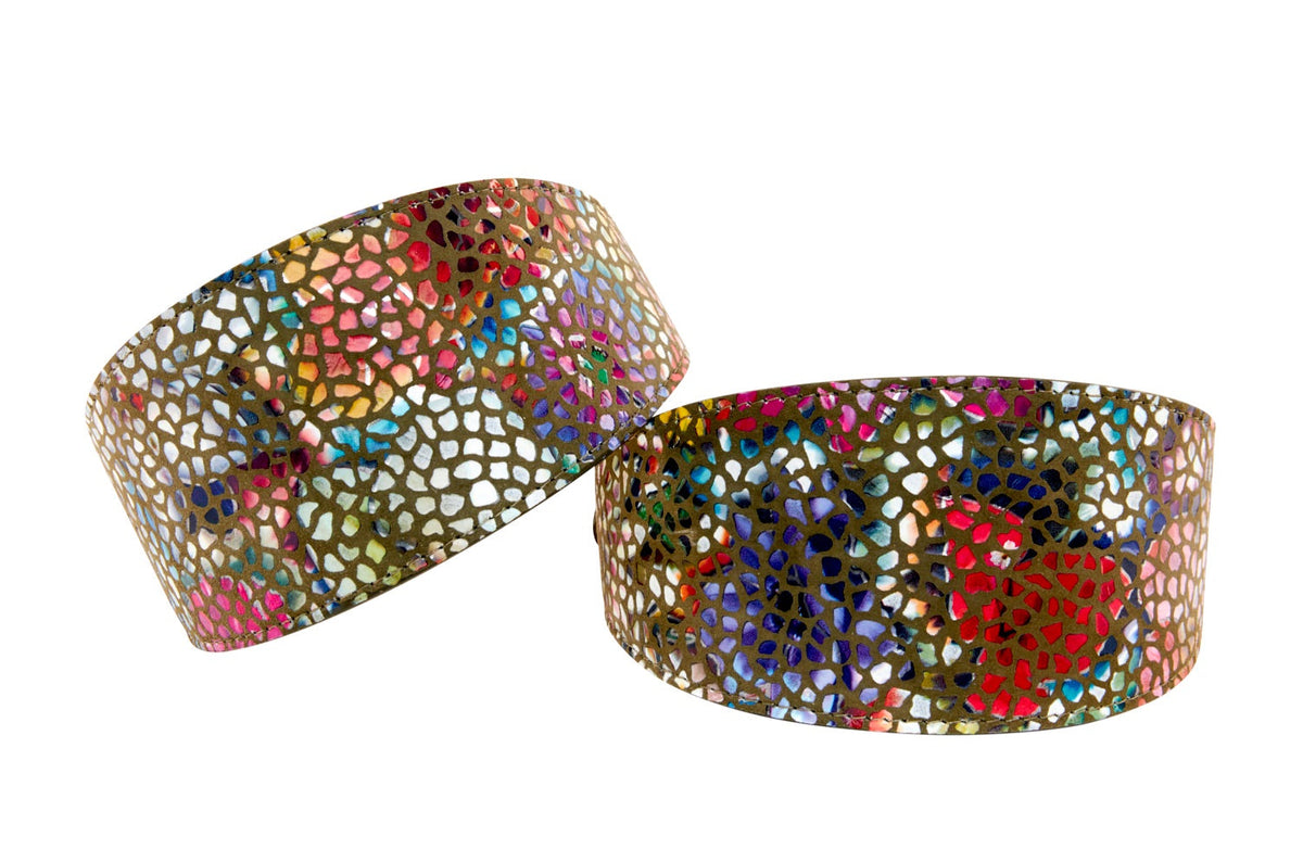 Allysa Payne Olive Floral Mosaic 3-Inch Wide Style Dog Collar. Set Of 2