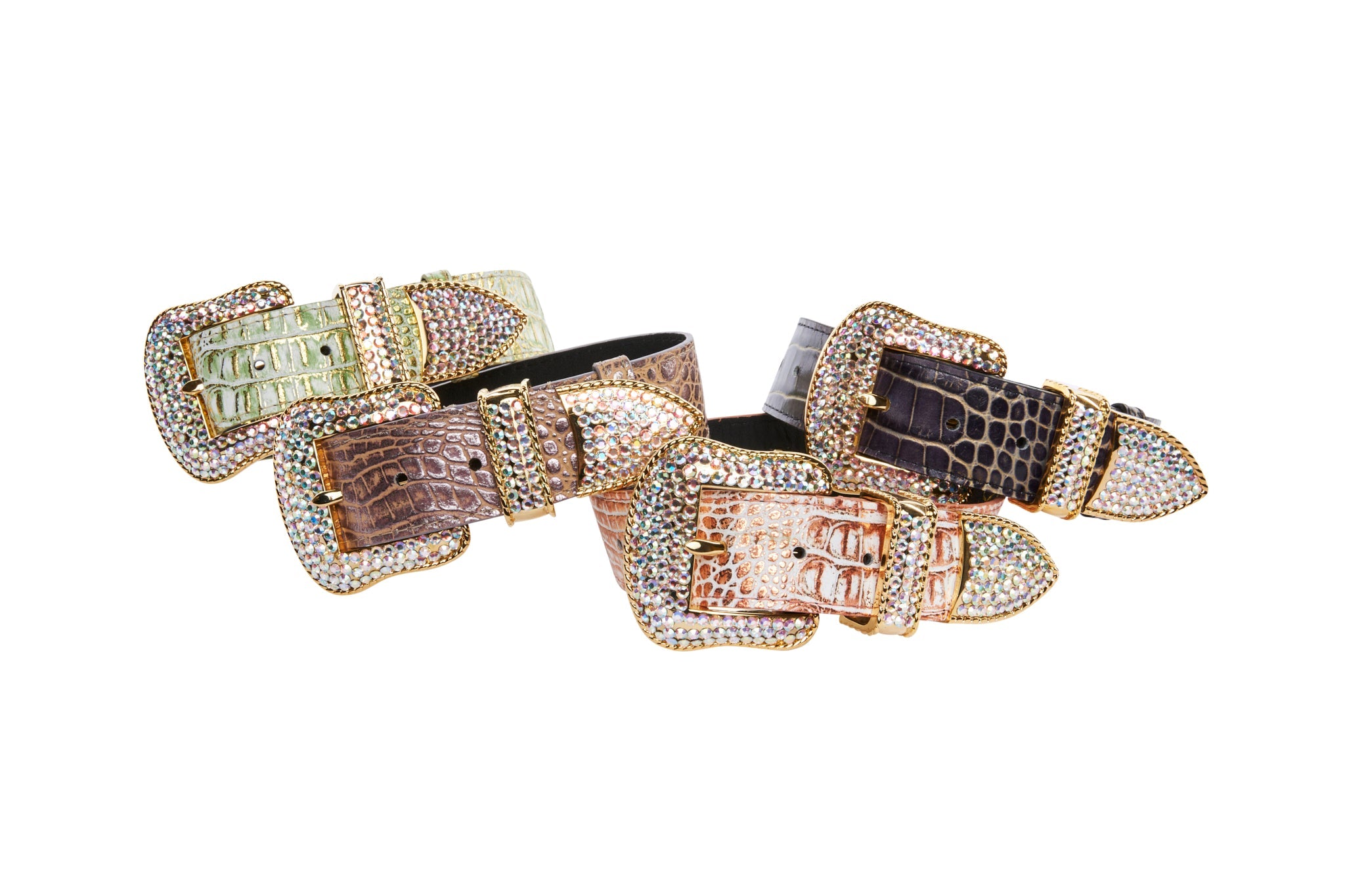 Embossed Croc Italian Leather/Swarovski Crystals Collars. Set Of 4