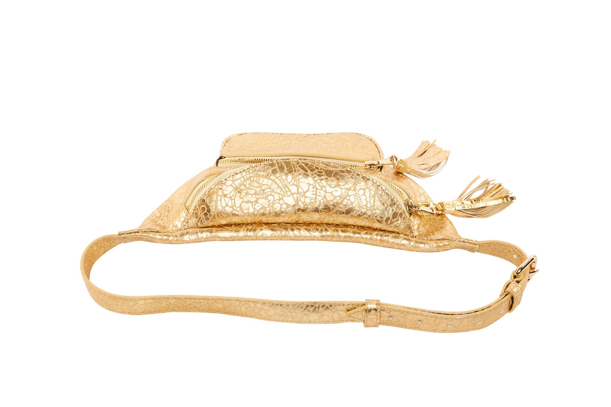 Allysa Payne Gold Floral Embossed Italian Leather Cross Body Belt Bag
