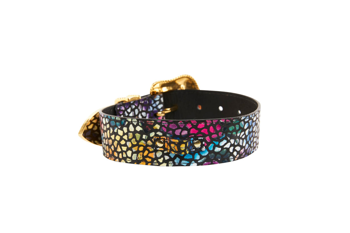 Allysa Payne Luxury Pet Fashion Burgundy Floral Mosaic & Black Floral Mosaic Italian Leather With Silver Swarovski Crystal Hardware Dog Collar