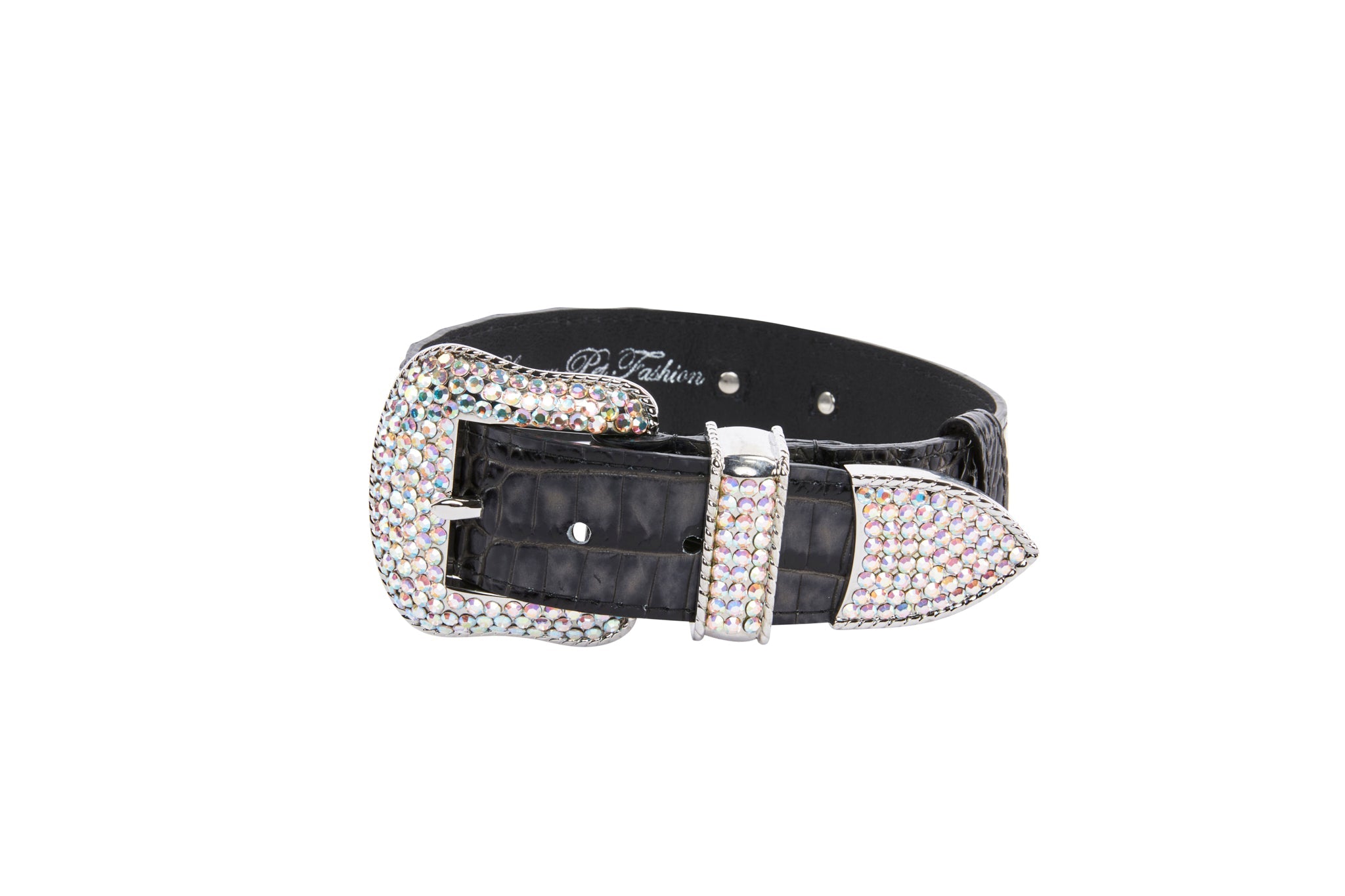 Dark Grey/Light Grey Embossed Croc Italian Leather Silver Swarovski Crystal Collar