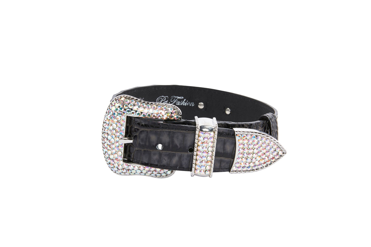 Allysa Payne Dark Grey/Light Grey Embossed Croc Italian Leather Silver Swarovski Crystal Dog Collar