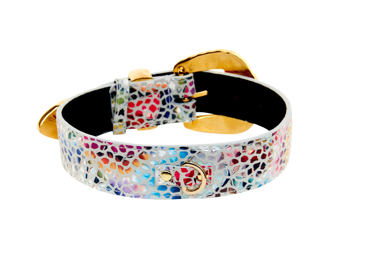 Allysa Payne White Floral Mosaic Italian Leather Dog Collar with Orante Swarovski Crystal Hardware