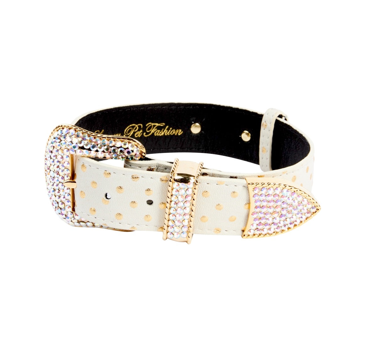 Allysa Payne White & Gold Polka Dot Italian Leather Dog Collar With Swarovski Crystal Hardware