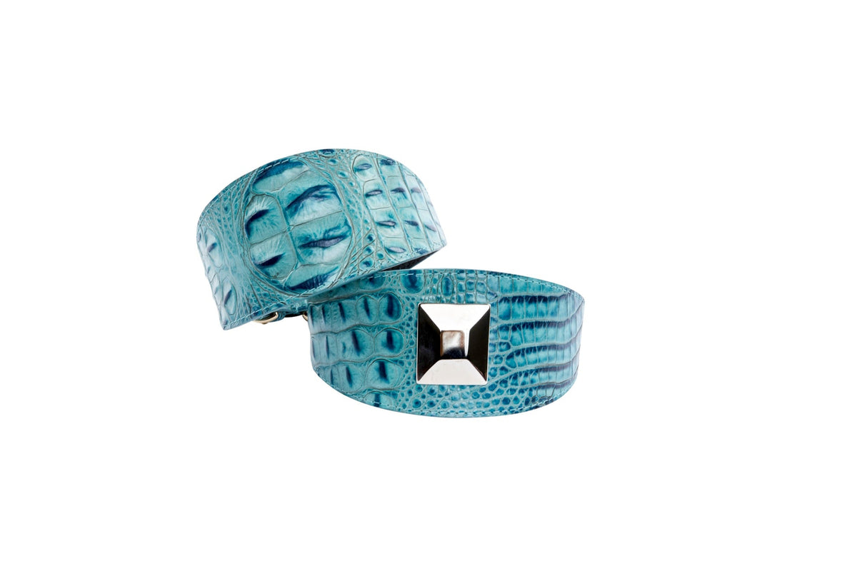 Allysa Payne Turquoise Embossed Croc Italian Leather 3-Inch Wide Style Dog Collar Set Of 2