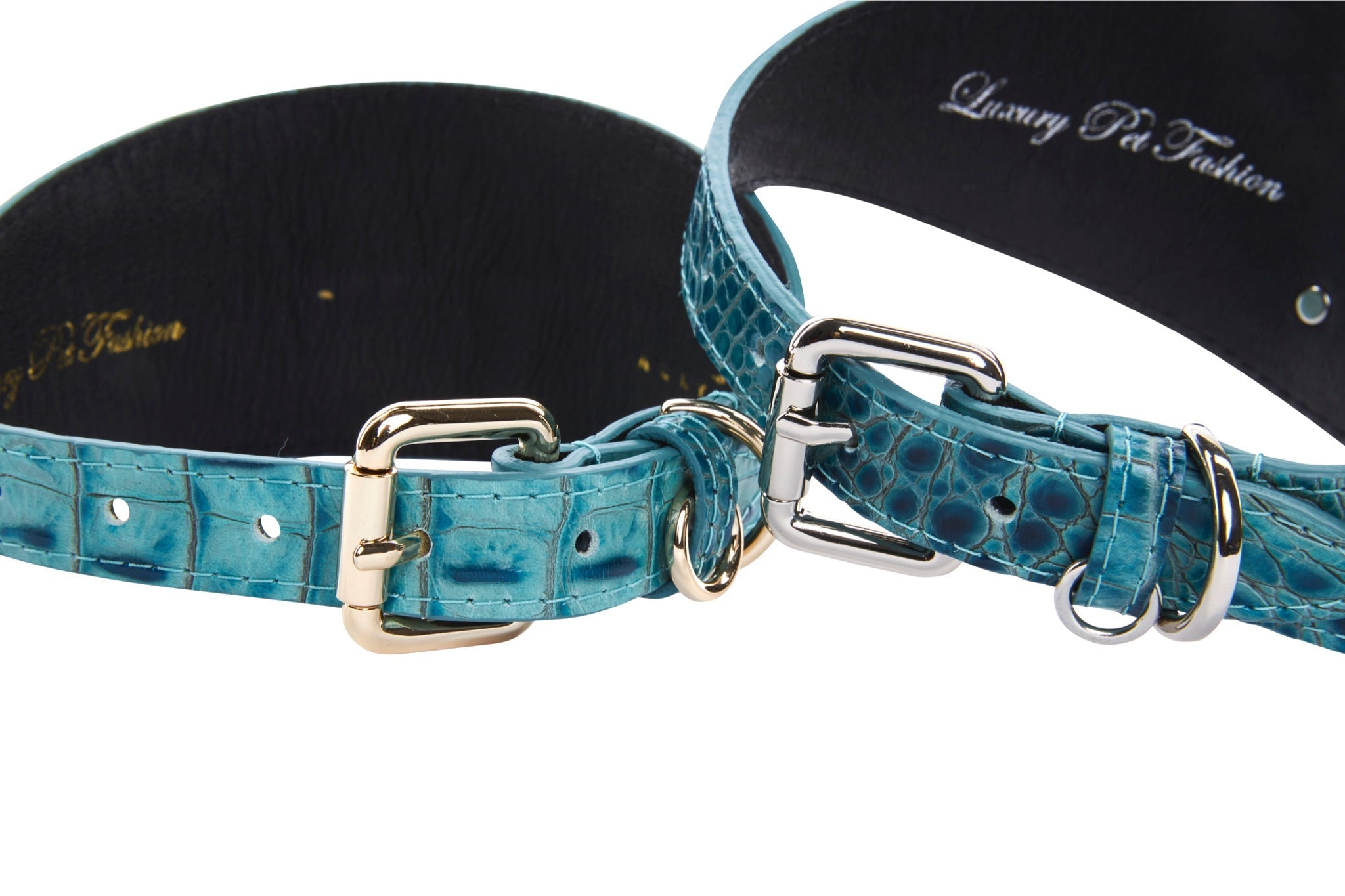 Allysa Payne Turquoise Embossed Croc Italian Leather 3-Inch Wide Style Dog Collar Set Of 2
