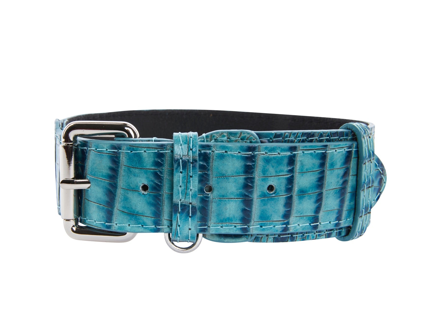 Allysa Payne Turquoise Embossed Croc Italian Leather With Silver Classic Hardware Dog Collar