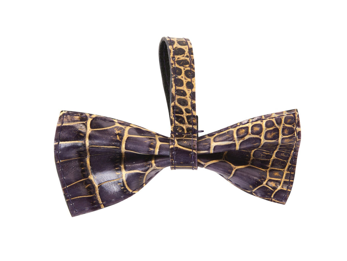 Allysa Payne Dark Purple/Gold Embossed Croc Italian Leather Dog Bow Tie