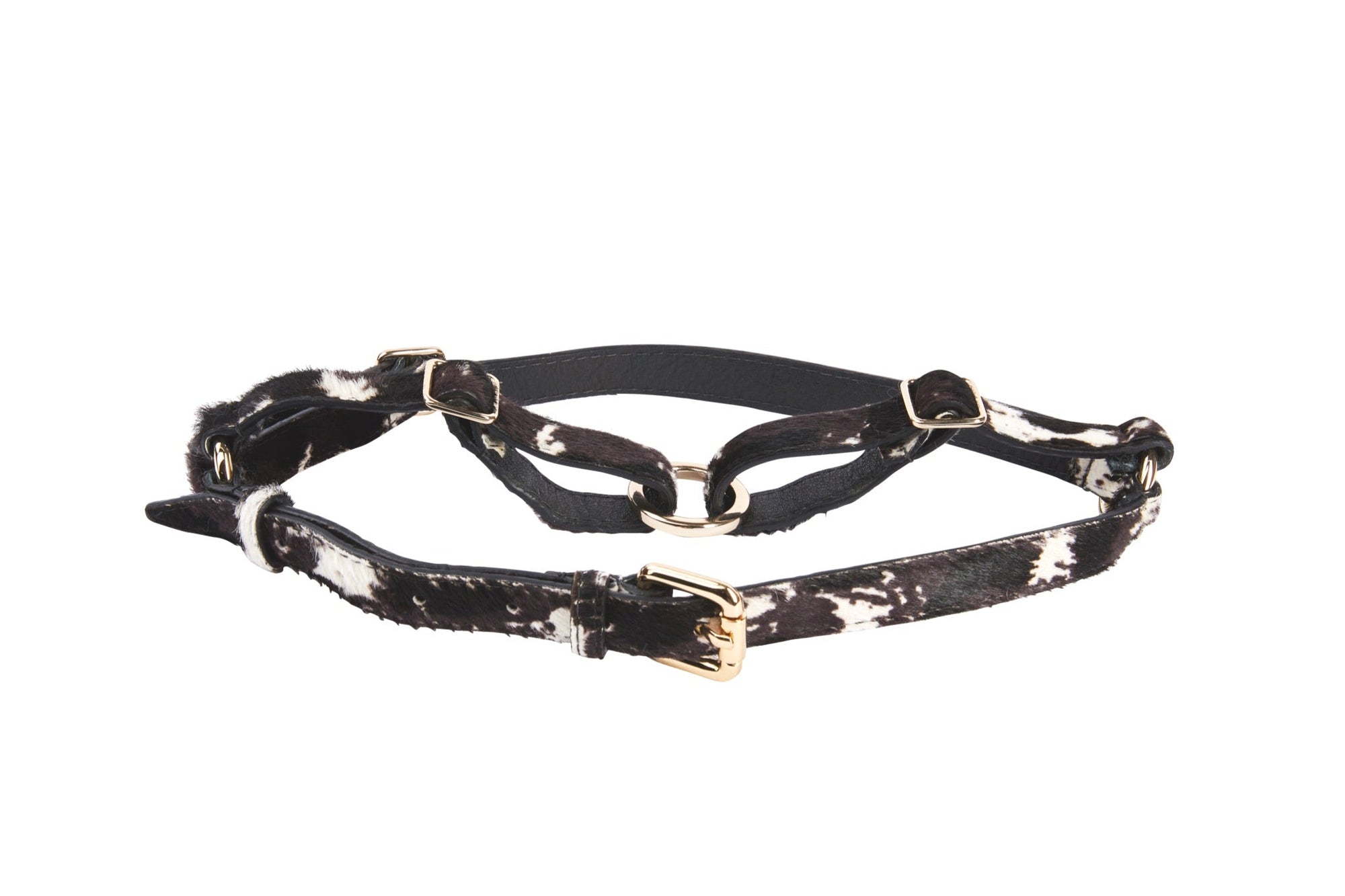 Allysa Payne Black, White Brown Hair On Hide Italian Leather Dog Harness With Gold Hardware