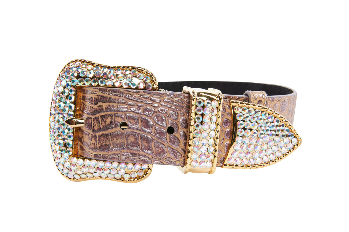 Allysa Payne Pink, Purple & Silver Embossed Croc Italian Leather/Swarovski Crystal Dog Collar