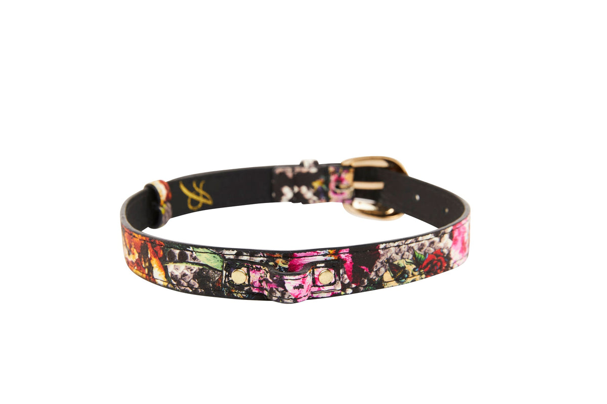 Allysa Payne Floral, Scull, Snake Print Italian Leather Dog Collar With Gold Oval Hardware