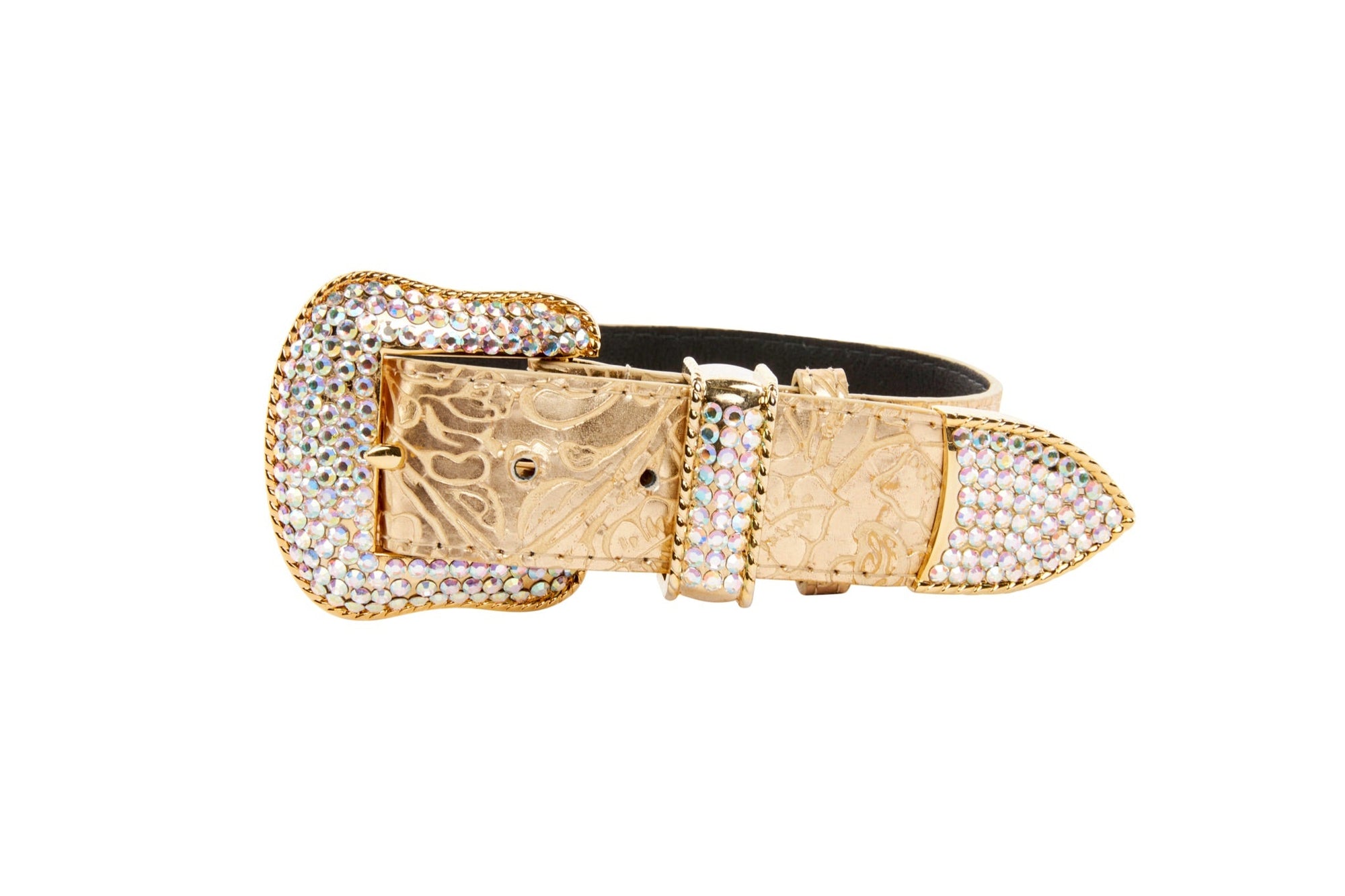 Allysa Payne Gold Floral Print Italian Leather With Swarovski Crystal Hardware Dog Collar
