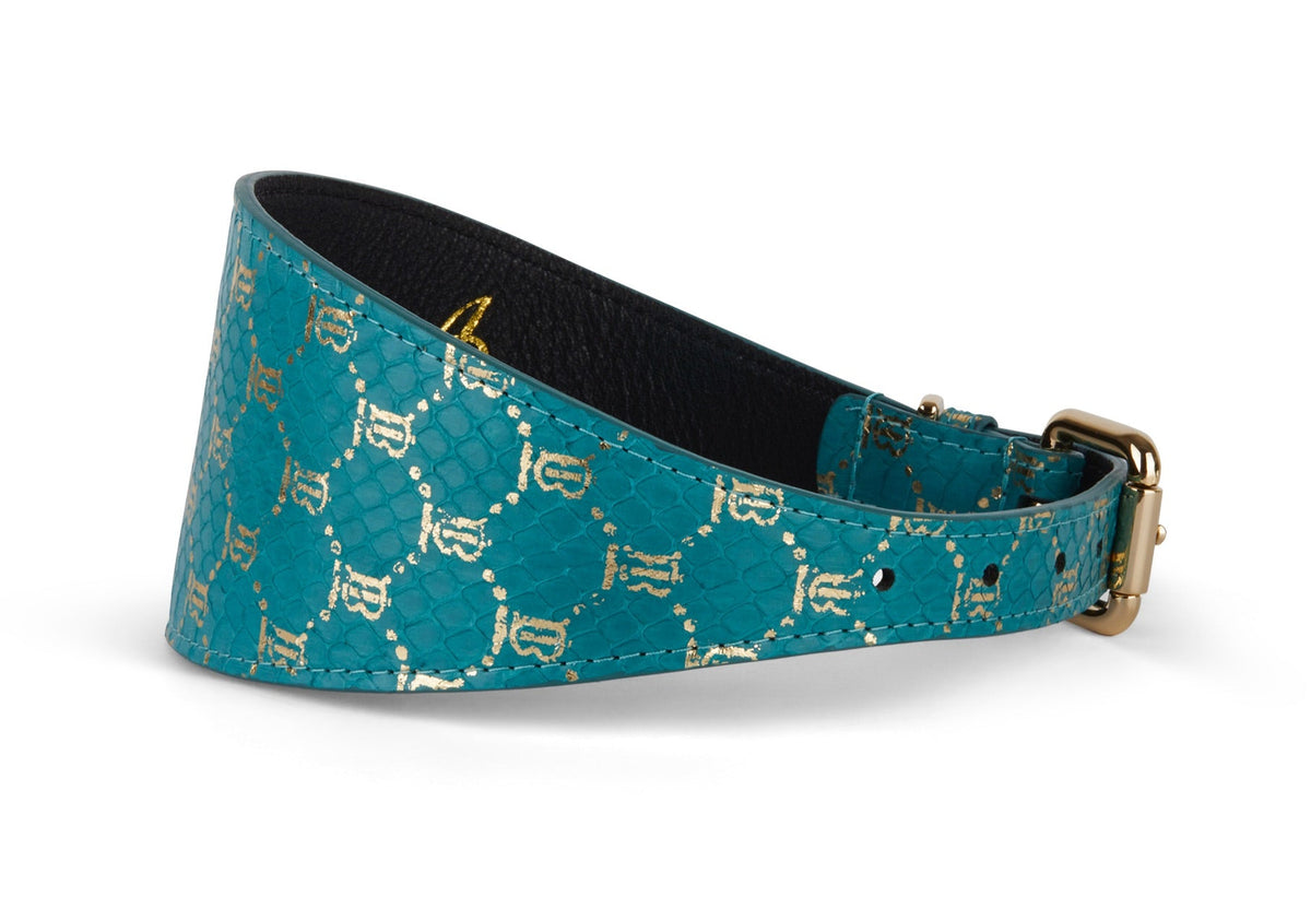 Allysa Payne Teal & Gold Monogram Snake 3-Inch Wide Style Dog Collar