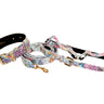 White Floral Mosaic Italian Leather Collar, Leash, Harness Set With Gold Classic Hardware