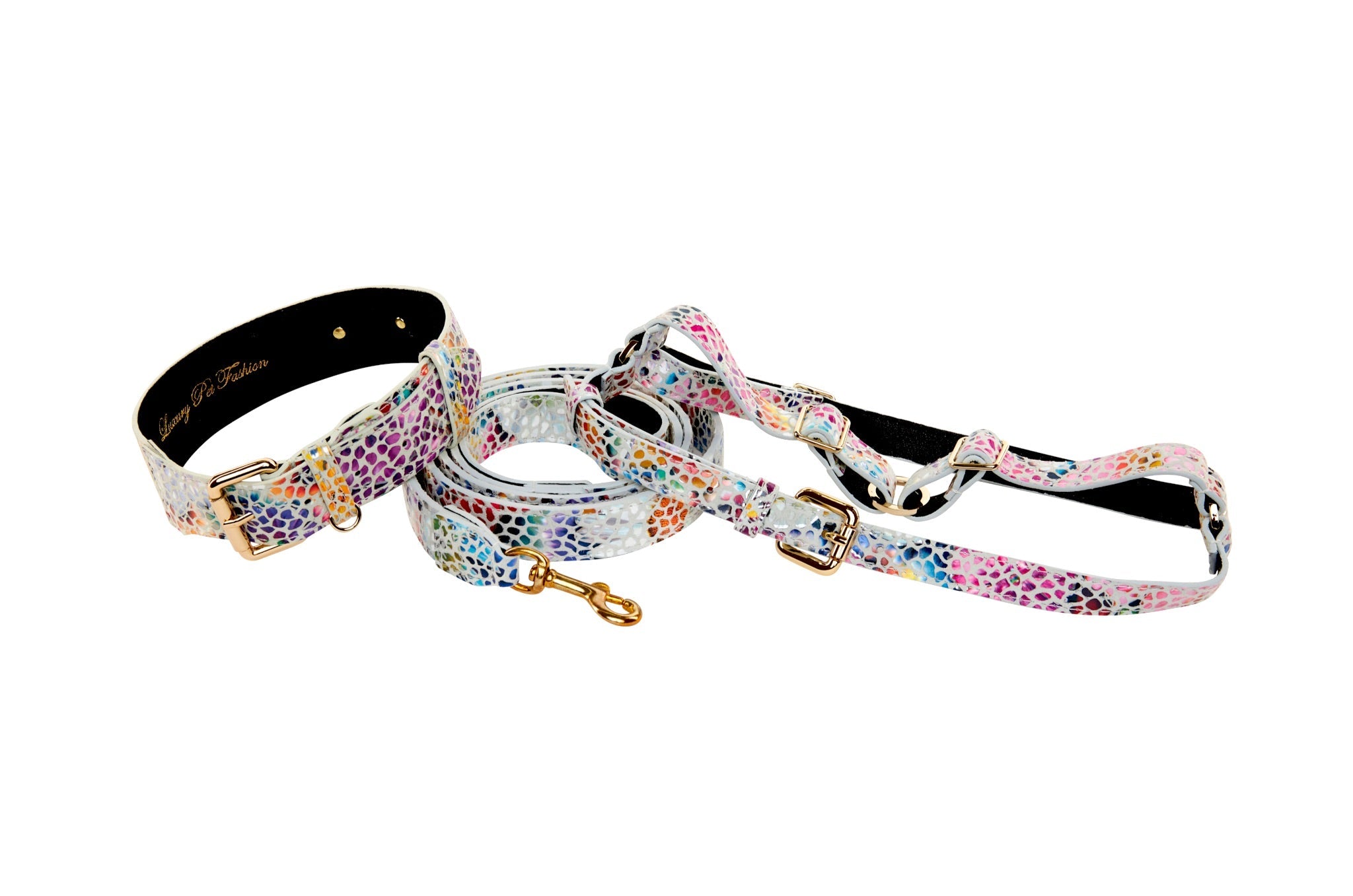 White Floral Mosaic Italian Leather Collar, Leash, Harness Set With Gold Classic Hardware