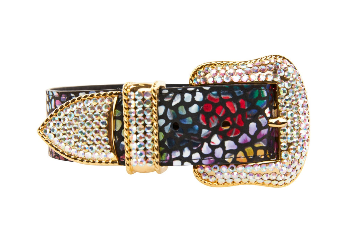 Allysa Payne Luxury Pet Fashion Black Floral Mosaic Italian Leather With Gold Swarovski Crystal Hardware Dog Collar