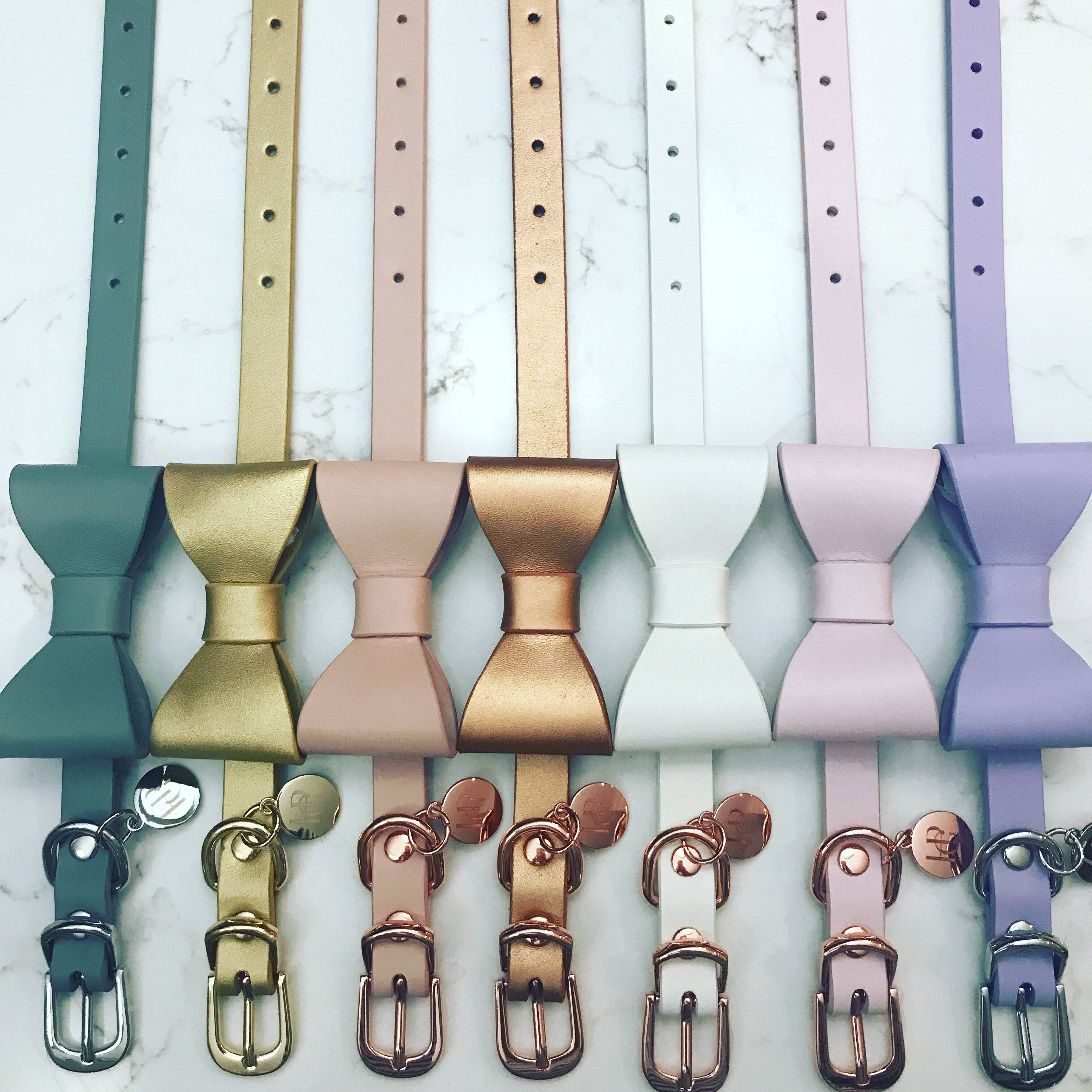 Leather Bow Collar - Snow Drop/ Yellow Gold