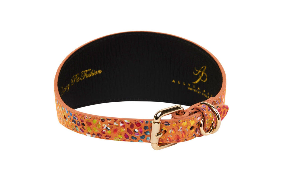Allysa Payne Orange Floral Mosaic Italian Leather 3-Inch Wide Style Dog Collar