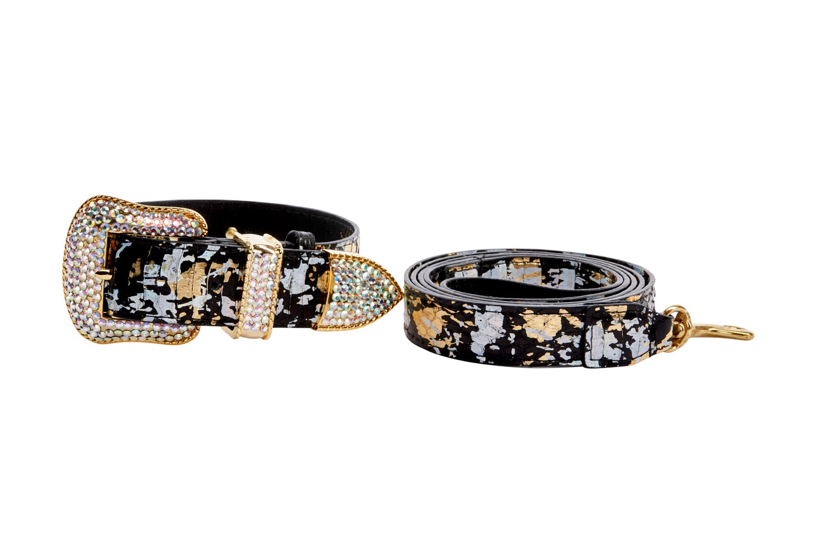 Allysa Payne Black, Gold, Silver Iridescent Snake With Swarovski Crystal Hardware Dog Collar & Leash Set