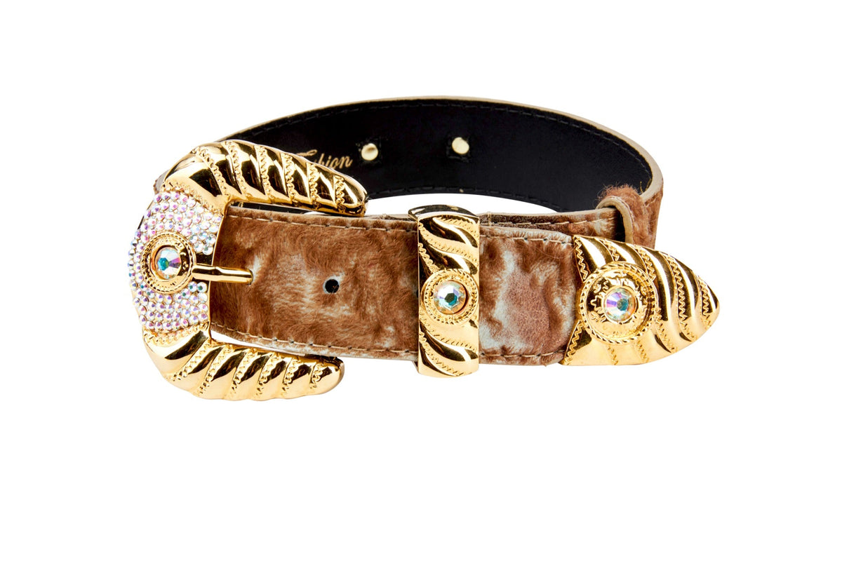 Allysa Payne Rustic, Chic Hair On Hide Italian Leather With Ornate Swarovski Crystal Italian Hardware Dog Collar