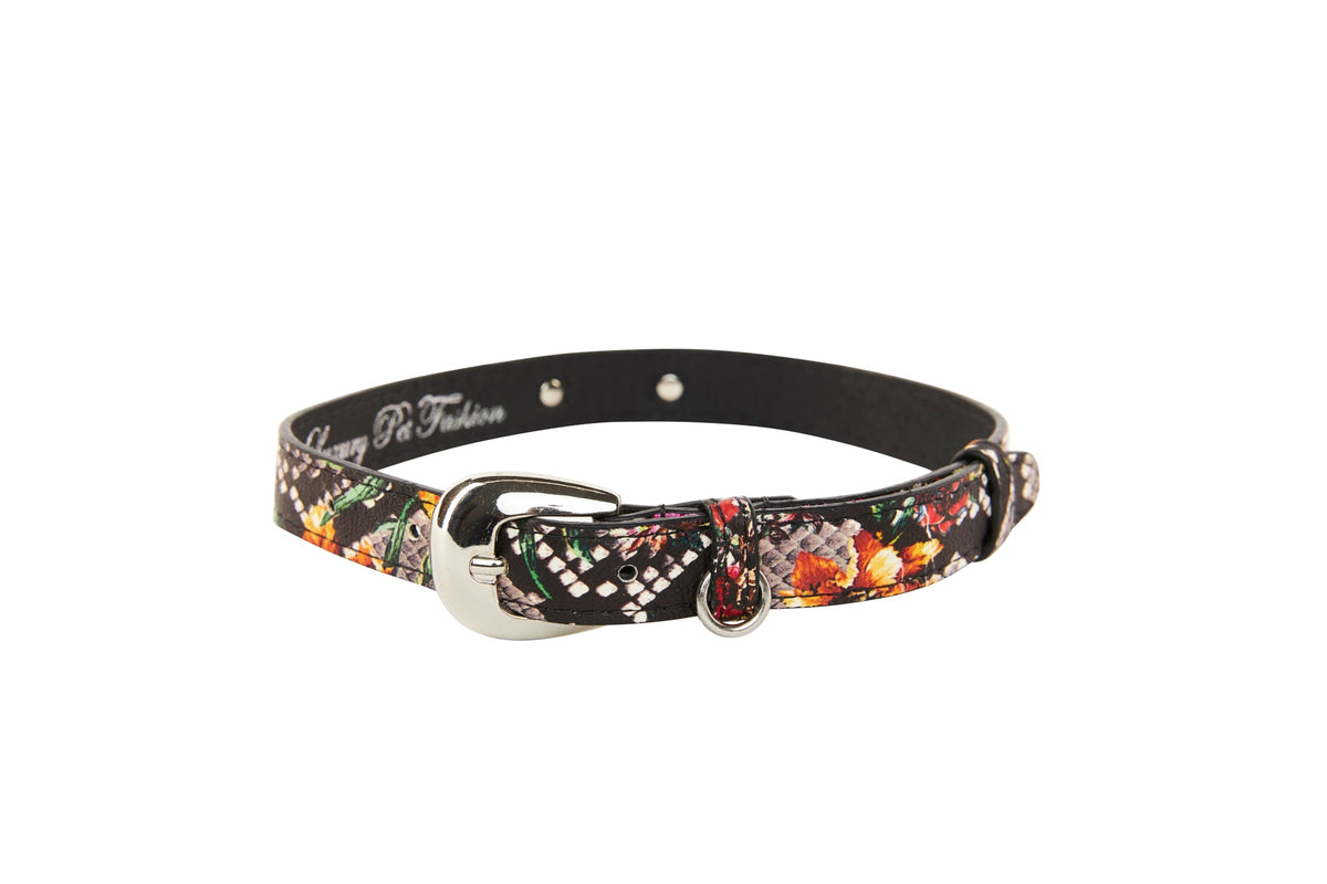 Allysa Payne Floral, Scull, Snake Print Italian Leather Dog Collar With Silver Oval Hardware