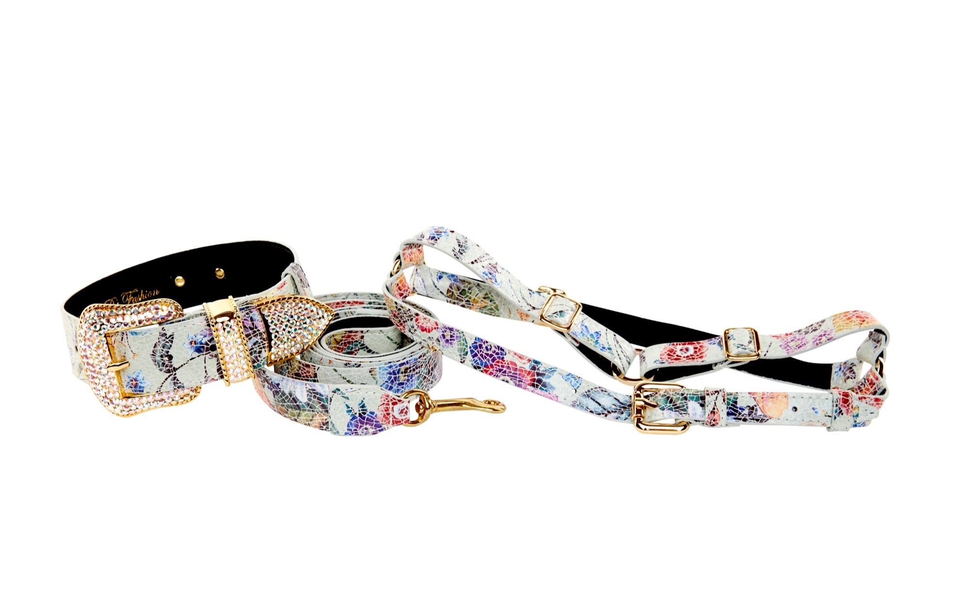 White Floral Mosaic Italian Leather/Swarovski Crystal Collar, Leash, Harness Set