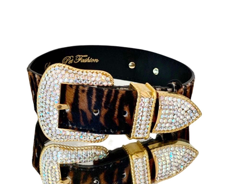 Allysa Payne Luxury Pet Fashion Tiger Print Hair On Hide Italian Leather Dog Collar With Swarovski Crystal Hardware
