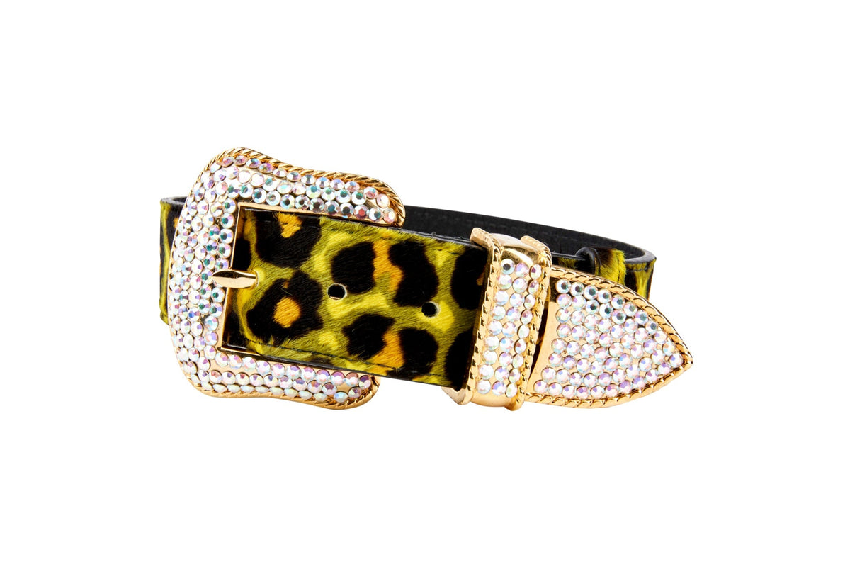 Allysa Payne Yellow, Green, Black, Orange Leopard Print Hair On Hide Italian Leather Dog Collar, With Swarovski Crystal Hardware