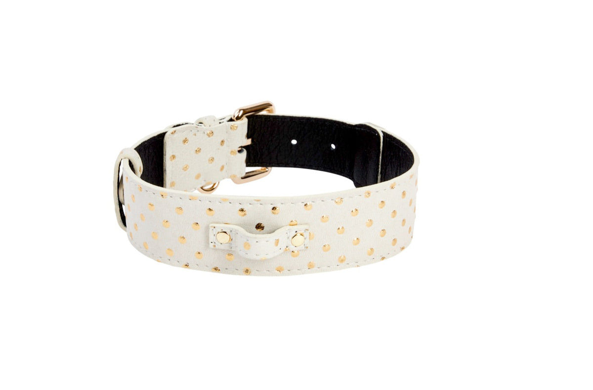 Allysa Payne White & Gold Polka Dot Italian Leather Classic Dog Collar