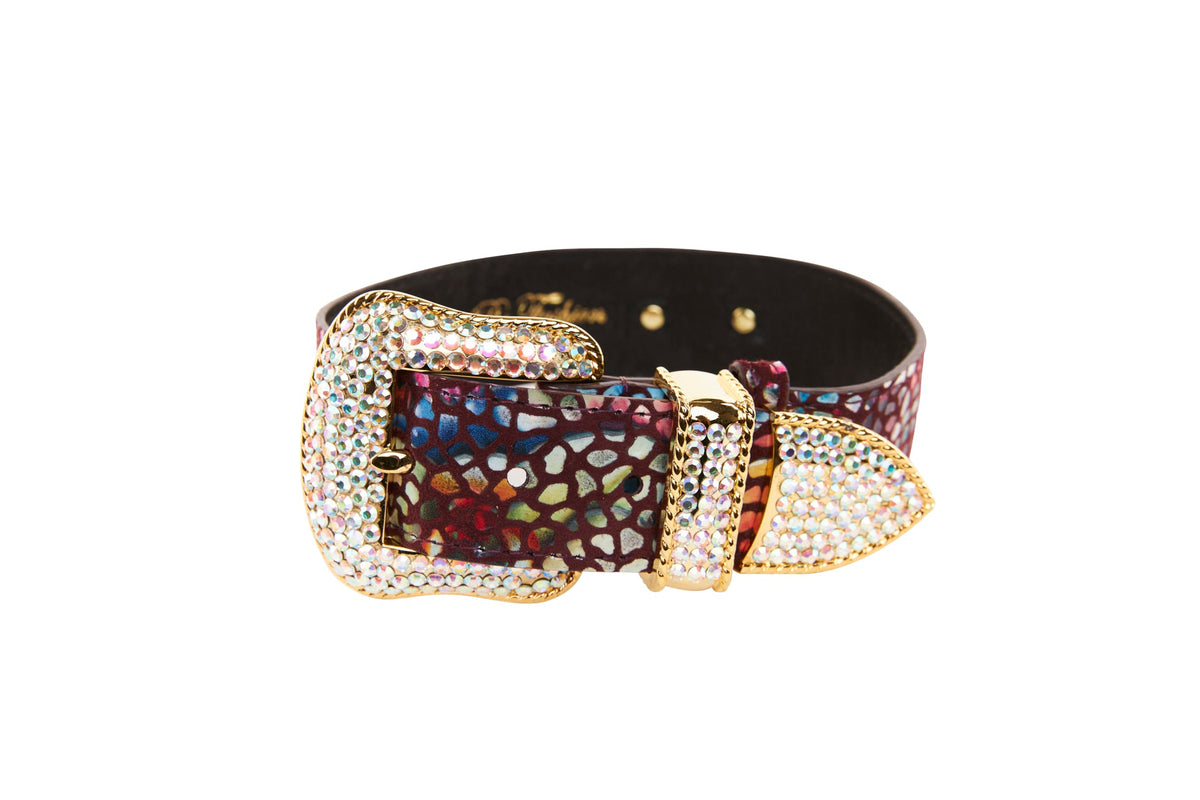 Allysa Payne Luxury Pet Fashion Burgundy Floral Mosaic Italian Leather With Gold Swarovski Crystal Hardware Dog Collar