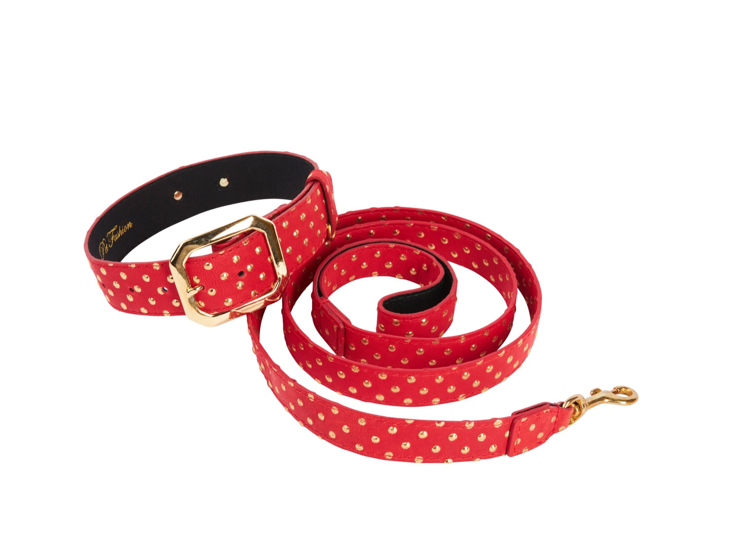 Red & Gold Polka Dot Italian Leather Collar With Modern Italian Hardware