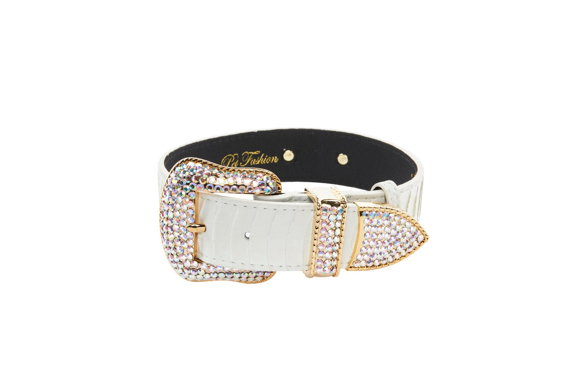 Allysa Payne Matte White Snake Dog Collar With Gold Swarovski Crystal Hardware Collar