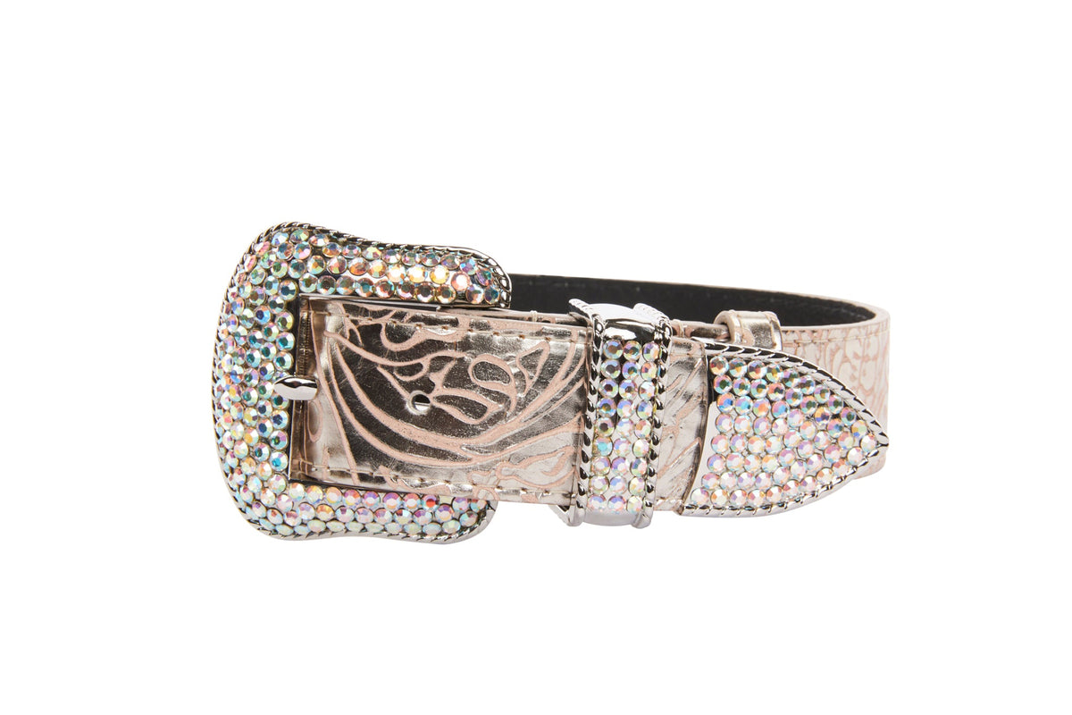 Allysa Payne Soft Pink/Silver Floral Print Italian Leather With Silver Swarovski Crystal Hardware Dog Collar