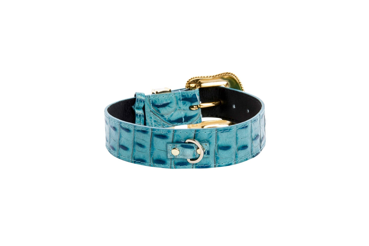 Allysa Payne Turquoise Embossed Croc Italian Leather/Swarovski Crystal Hardware Dog Collar