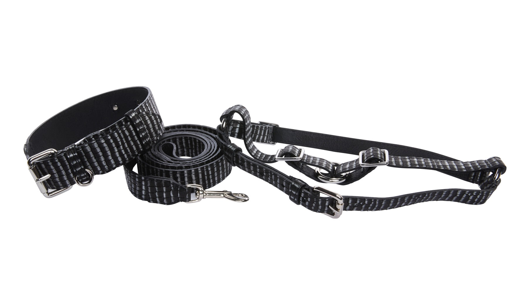 Allysa Payne Black & Silver Striped Italian Leather Classic With Silver Hardware Dog Collar, Leash & Harness Set